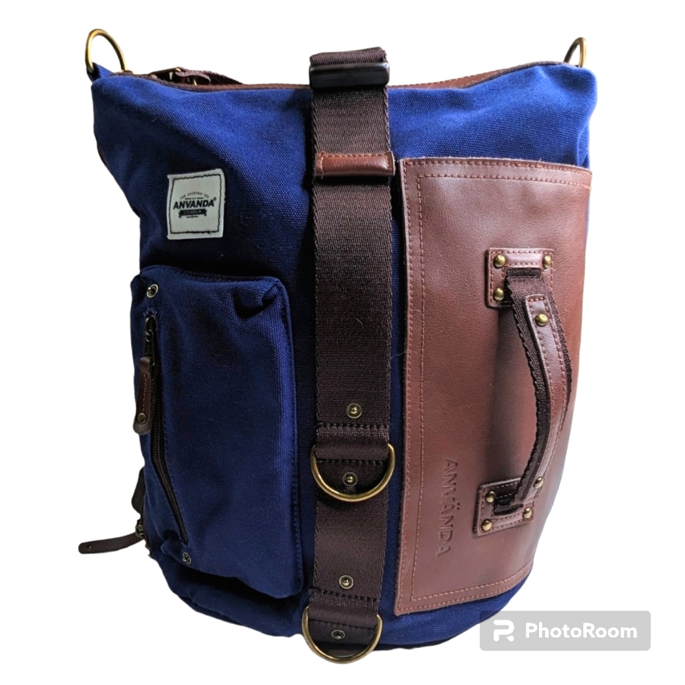 ANVÄNDA A Great Freakin Bag Blue Canvas Vegan Leather Padding Multi Purpose Use